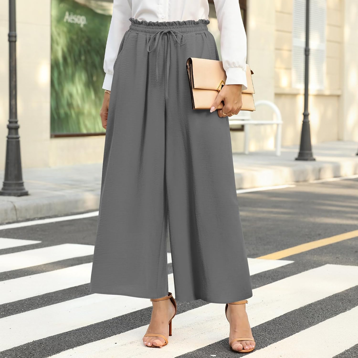 Women's Wide Leg Palazzo Pants Dressy Casual Slacks Flowy Gaucho Pant Elastic Waist with Pockets - Image 2