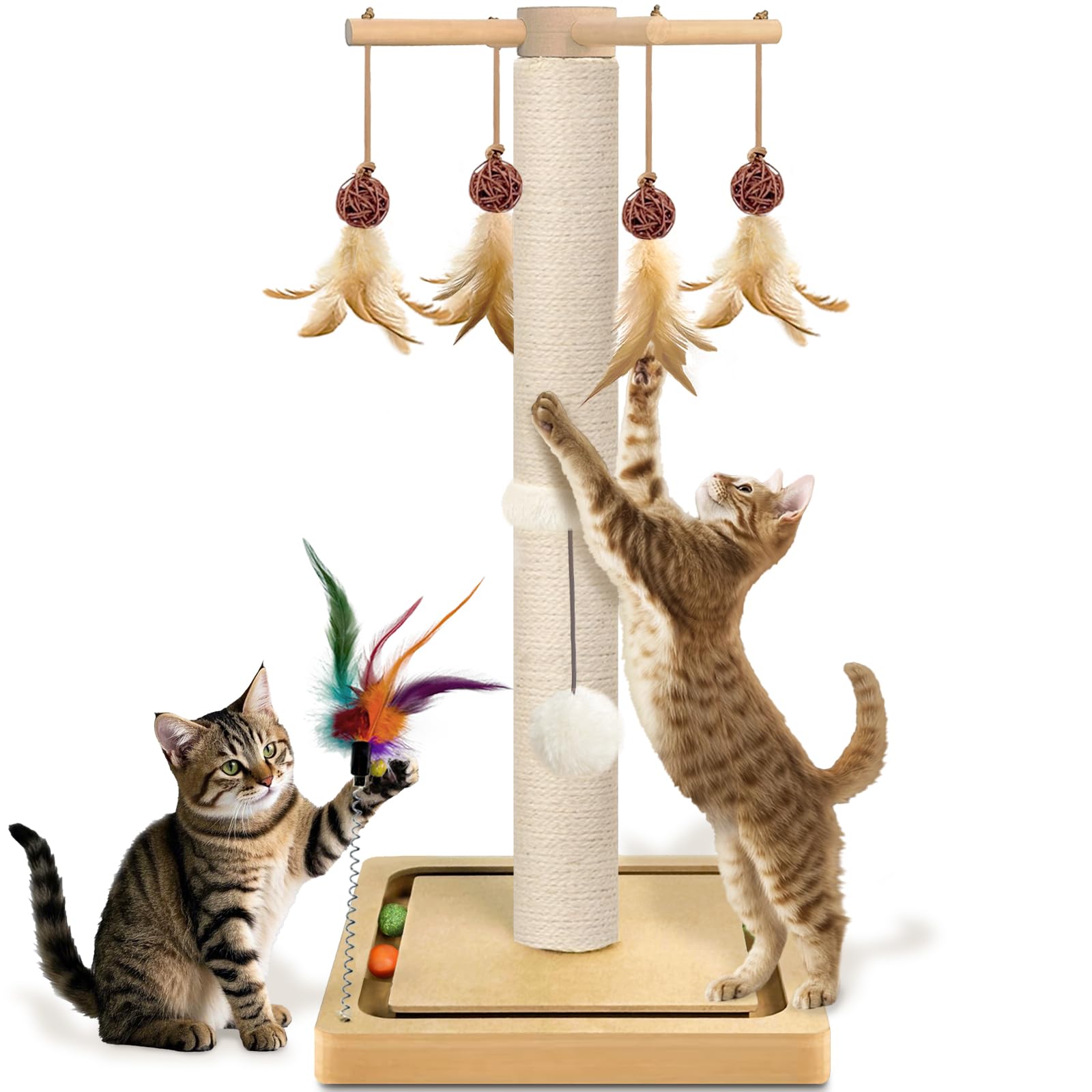 Cat Scratching Post, Sisal, Scratcher Tree Tower for Indoor Cats Adults with Hanging and Ball Track, 2 Mounting Methods Interactive Furniture Toys for Kitten, 25 Inches