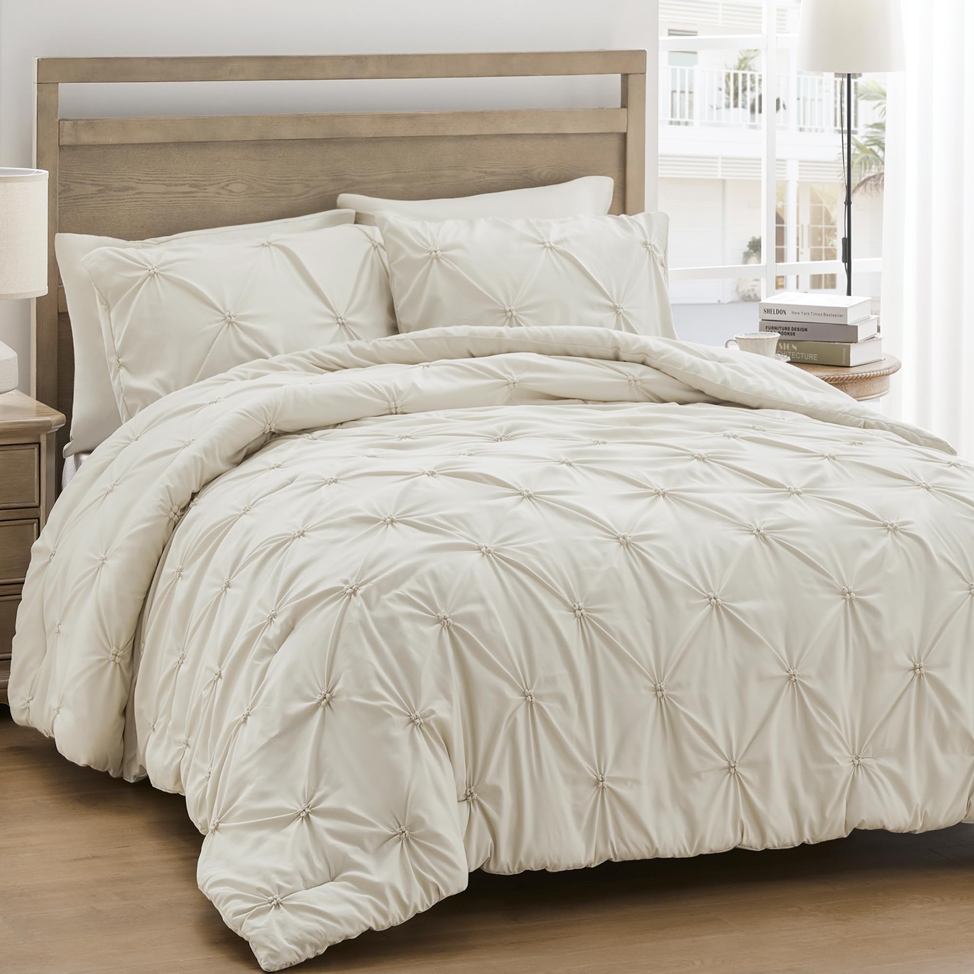 UNIKOME King Size Comforter Set Beige - Ultra Soft Boho Pintuck Cream Down Alternative Bedding Set for All Seasons, 3 Pieces Lightweight Warm Pinch Pleat Bed Set with Comforter, 2 Pillowcases