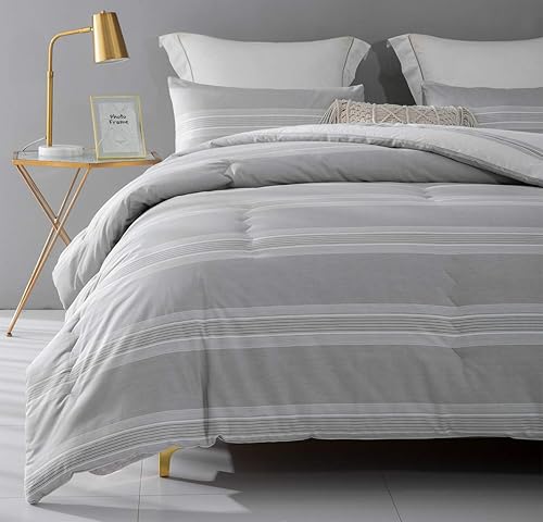 Miniatura 4 de SLEEPBELLA Juego de edredón tamaño King, 600 hilos de algodón gris claro y rayas blancas reversibles, juego de ropa de cama de plumón alternativo de