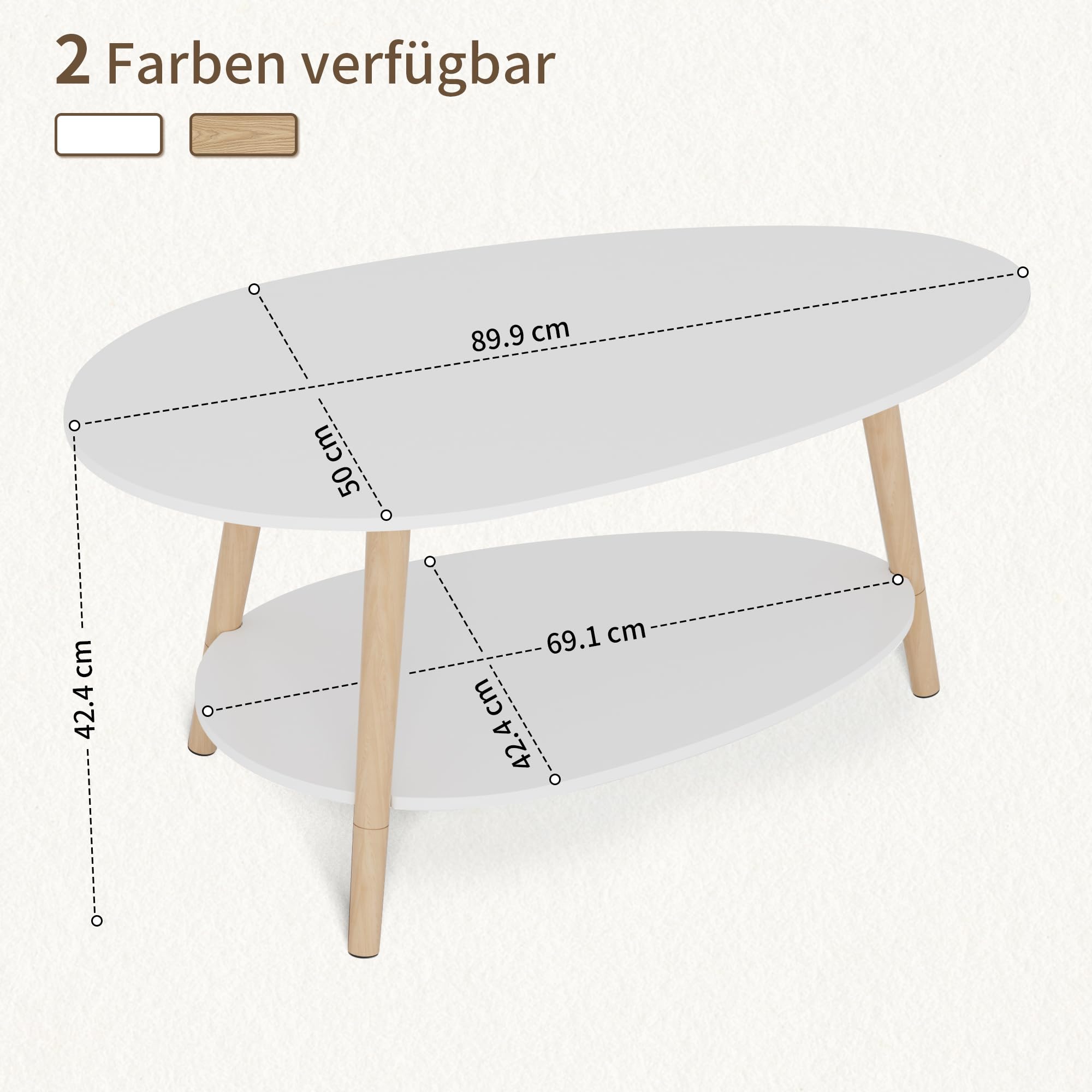 BonVache Massivholz Teetisch, Oval-Doppelschicht-Couchtisch, Runder Tisch für das Wohnzimmer, Couchtisch, Seitentisch, Teetisch, weiß