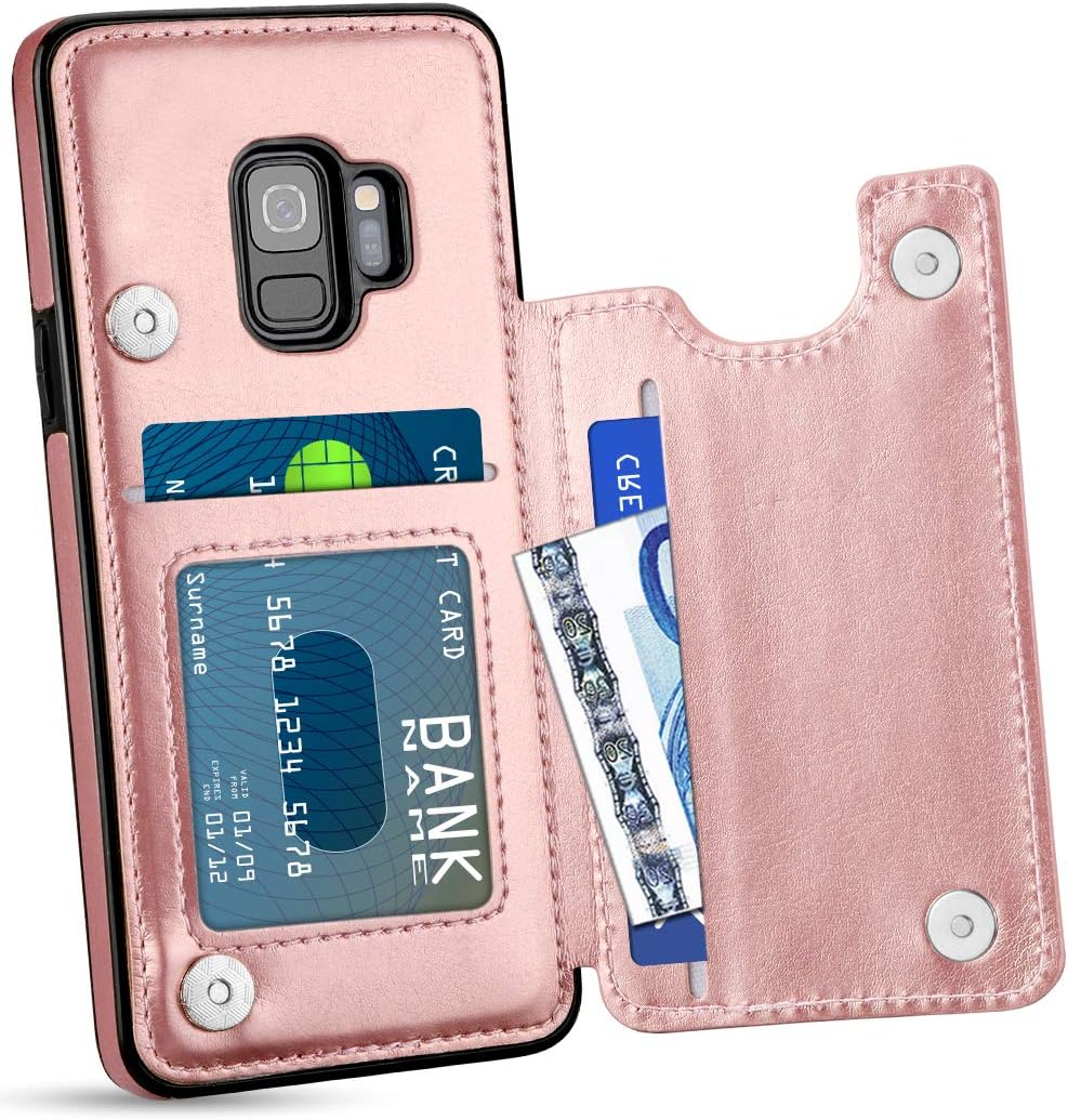 HianDier Wallet Case for Galaxy S9, Slim Protective Case with Credit Card Slot Holder Flip Folio Soft PU Leather Magnetic Closure Cover Case Compatible with Samsung Galaxy S9, Rose Gold