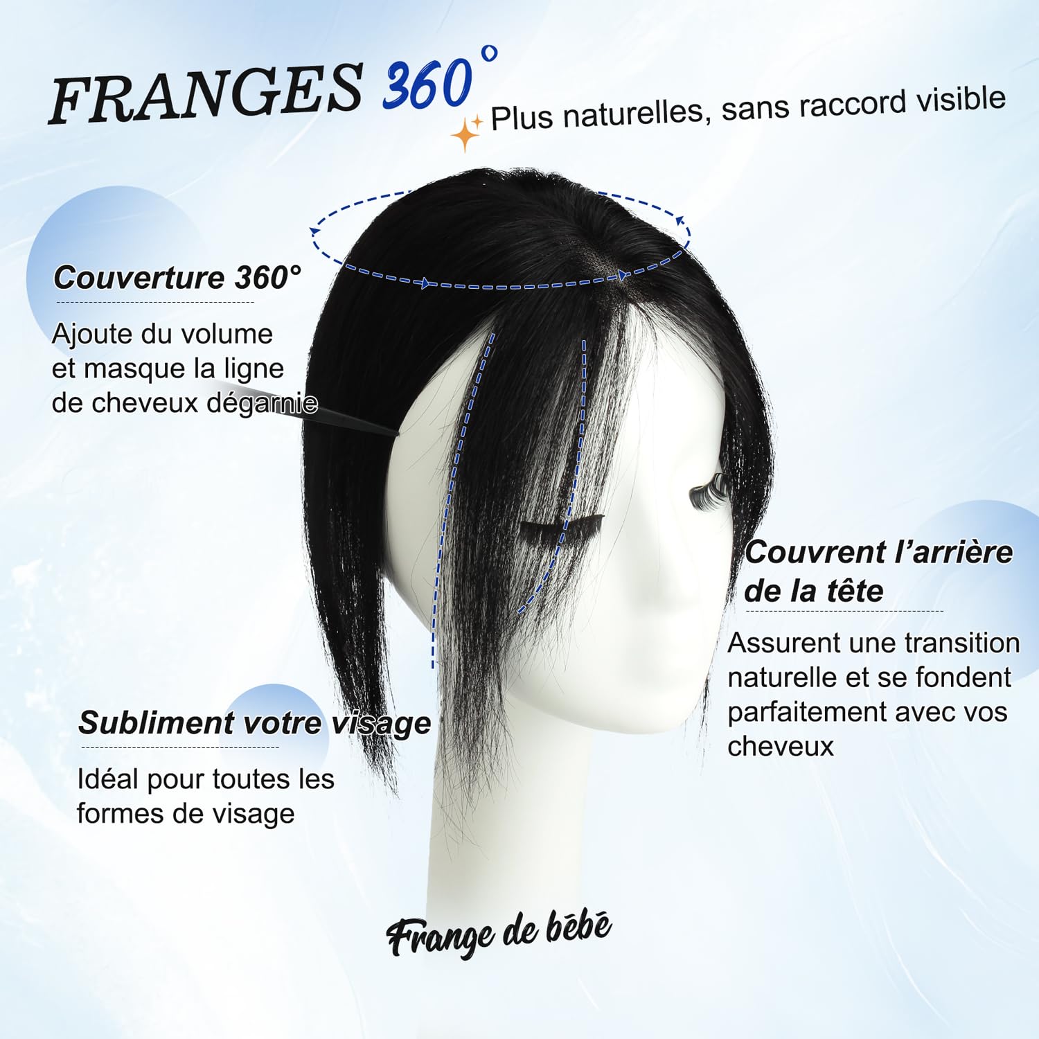 WORLDSTAR Hair Topper Cheveux Humain Femme,Frange de Bébé,15g,Noir Jais