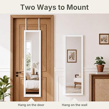CROWNSHOP Full Length Mirror 110x33cm - Wall Mounted Over The Door Mirror | Mirror with Adjustable Hooks | Large HD Tempered Glass Full Body Mirrors for Bedroom, Wardrobe | Space-Saving (White)
