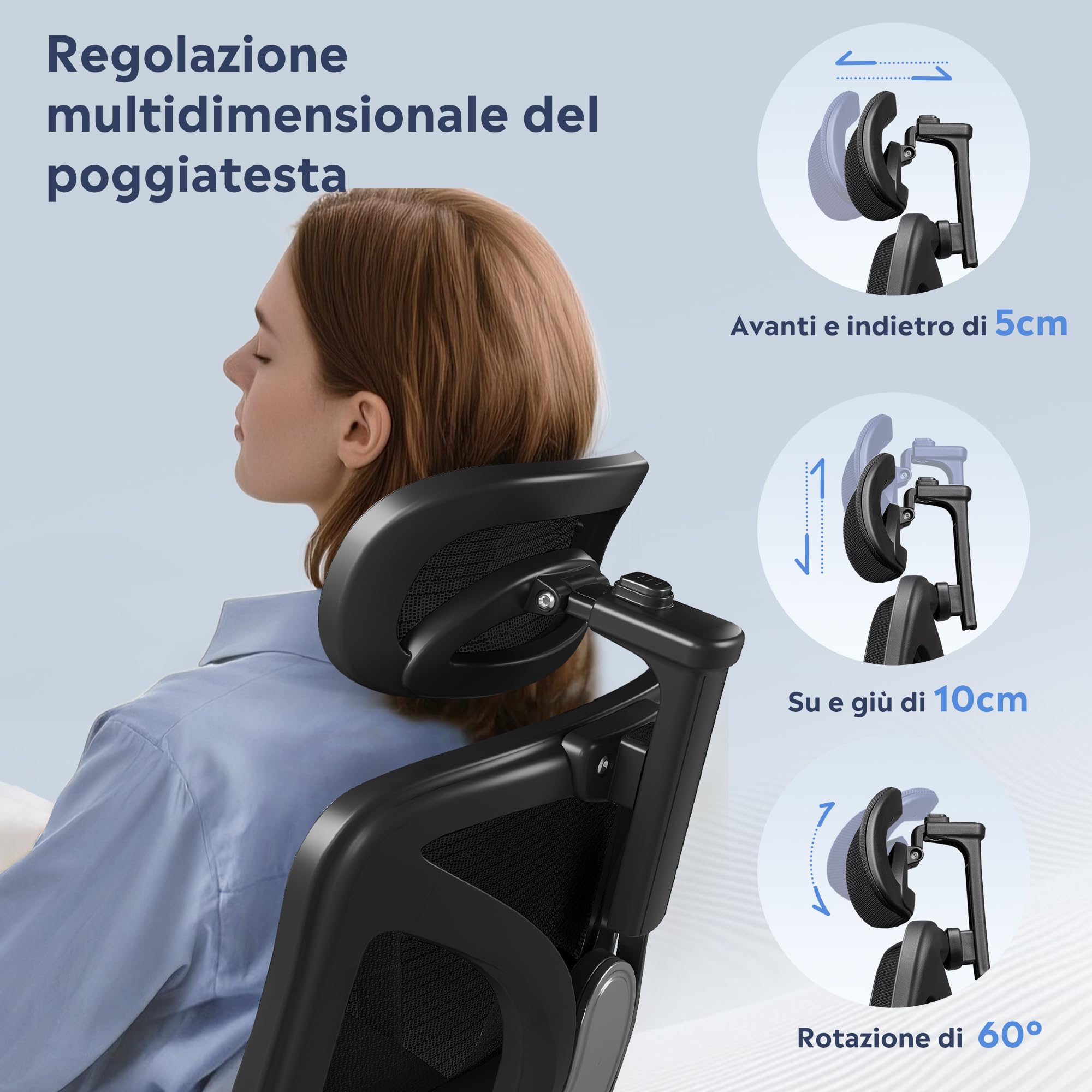 DEVAISE Sedia da Ufficio Ergonomica con Schienale Segmentato, Poggiatesta 3D Regolabile, Schienale Reclinabile a 3 Posizioni, Braccioli 3D, Rete Traspirante, Portata Massima 180kg, Nero