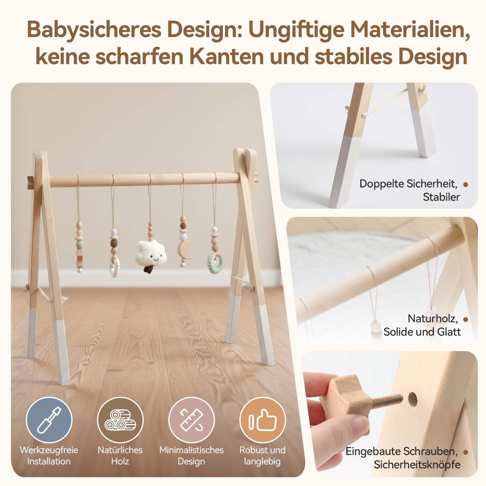 let's make Spielbogen Baby Holz- Montessori Spielbogen mit 5 abnehmbaren Sensorischen Spielzeugen, Faltbar Baby Gym Activity Center, Neugeborenes Geschenk für 0-18 Monate (Style B)