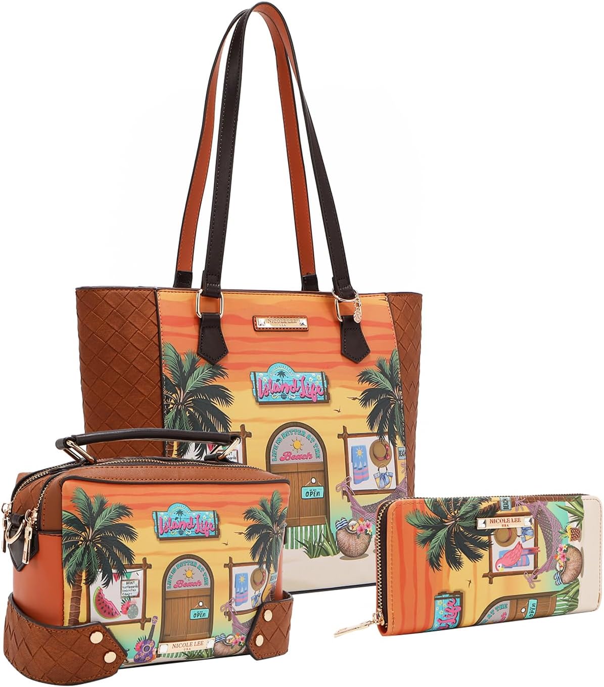 Nicole Lee 3-Piece Set, Handbag with Crossbody and Wallet, Sun And Sand, 15.5L x 11.25H inches, Vegan Leather, Tropical Print, Gold Hardware, Double Handle
