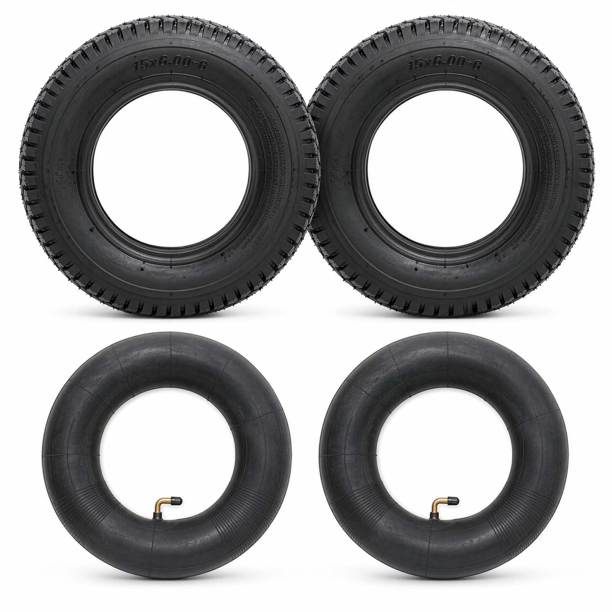Wiltec 2x Reifenmantel 2x Schlauch für Aufsitzmäher/Rasentraktor 15x6.00-6 4PR Winkelventil