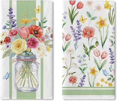 Spring Summer Floral Kitchen Dish Towels Set of 2, Watercolor Flower Butterfly Mason Jar Drying Hand Towel Baking Cooking Cloth, Farmhouse Bathroom Home Decoration 18 x 26