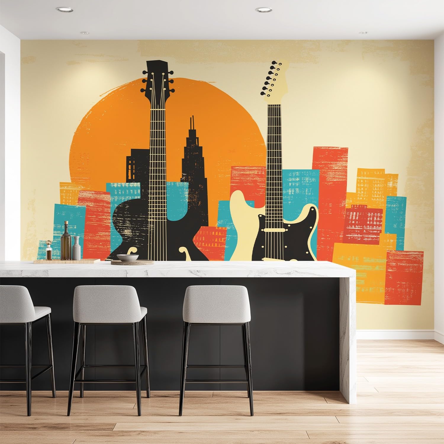 Tapeta geometryczna, vintage, ciepła - gitara, architektura, wzór miasta - tapeta na fizelinie dekoracja ścienna nowoczesna tapeta ścienna - tapeta z motywem - 300 x 210 cm