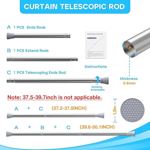 Miniatura 2 de Barra de cortina de tensión plateada para ventanas de 28 a 48 pulgadas, barra de cortina de ducha pequeña de 78 pulgadas para baño, barra de cortina
