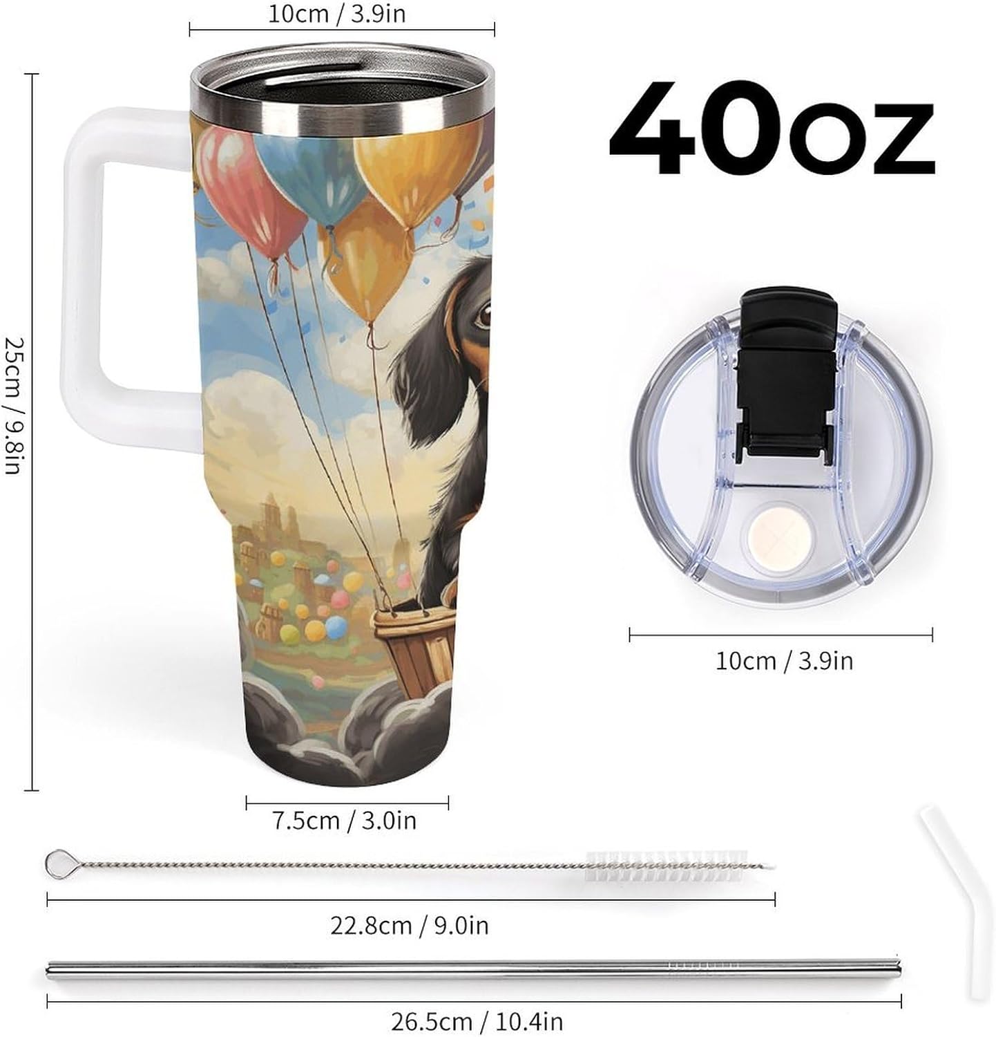 Dachshund Hot Air Balloon Travel Coffee Mug Reusable Durable Stainless Steel Insulated Tumbler with Handle And Straw Leak Resistant Portable Thermal Cup Gifts for Men Women 40 Oz