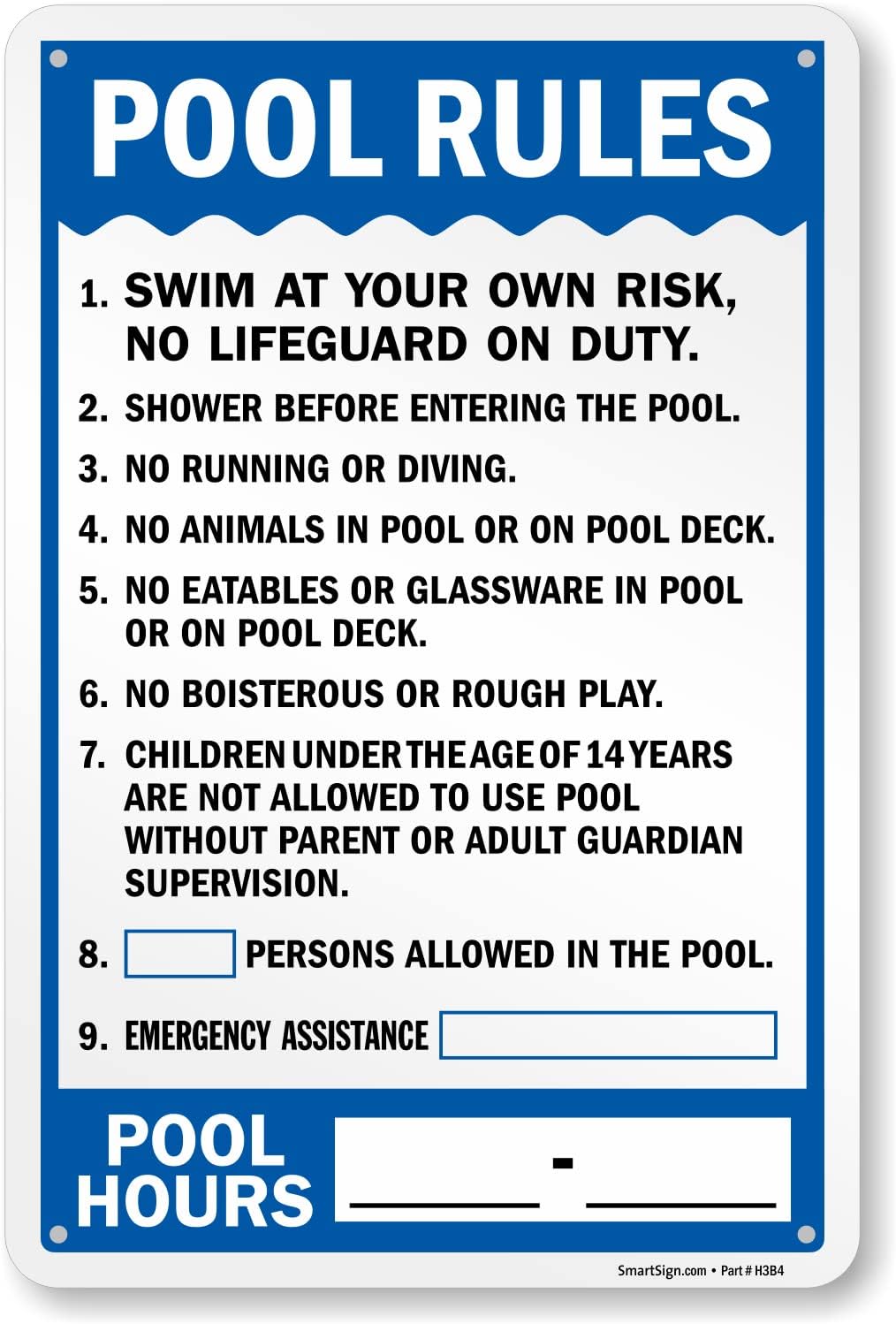 SmartSign 24" x 18" 'Pool Rules Swim At Your Own Risk, Shower Before Entering, Emergency Assistance, Pool Hours' Metal Sign Write-On, 80 mil 3M Laminated EG Reflective, Blue/White, USA-Made