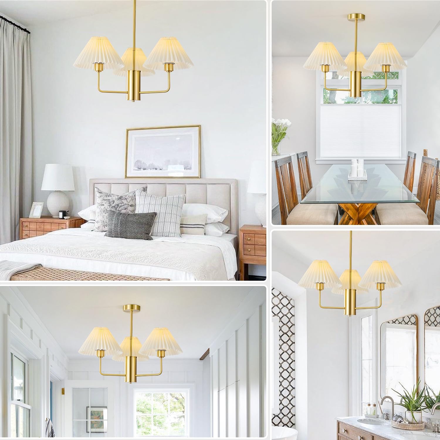 Modern Gold Arm Classic Chandeliers Antique Brass Bedroom Chandelier with White Fabric Shade 3 Light Classic Pendant Light Vintage Golden Dining Room Sputnik Chandelier Lighting MPL01-3 GD