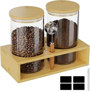 Coffee Bean Storage, Glass Coffee Container with Scoop Shelf | 2x42oz Airtight Coffee Bean Storage with Scoop Bamboo Shelf Erasable Pen Label Stickers for Ground Coffee, Sugar