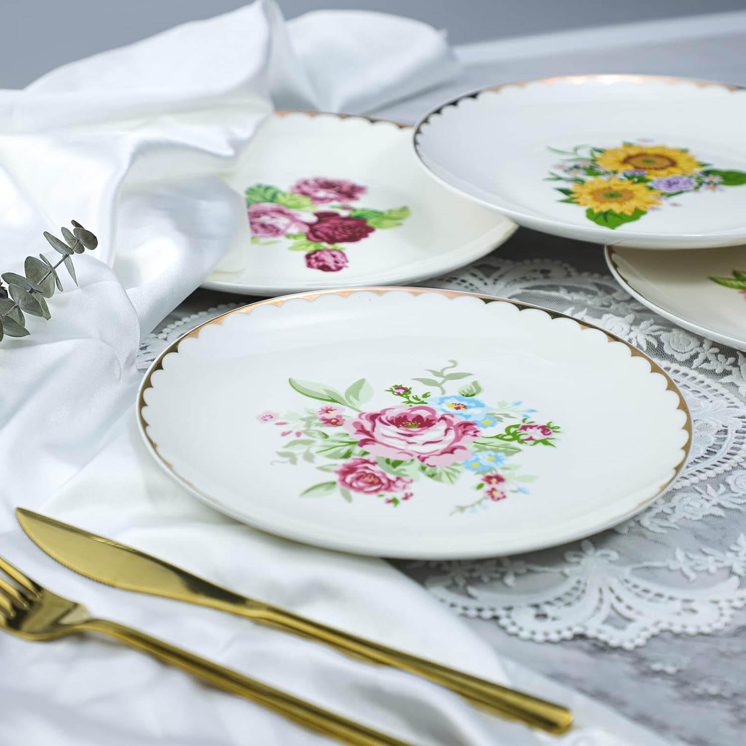 Vintage Floral Flowers Pattern Ceramic Salad Plates, Pasta Plates, Fruit Plates, Appetizer Plates, Dessert Dishes,Dinner Plates, Holiday Plates, Set of 4-A