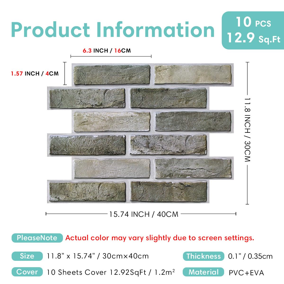 Commomy 10 mattoncini finti 3D, 40 x 30 cm | UrltraLight - Carta da parati sottile in PVC con mattoni finti per decorazione fai da te rapida per pareti interne