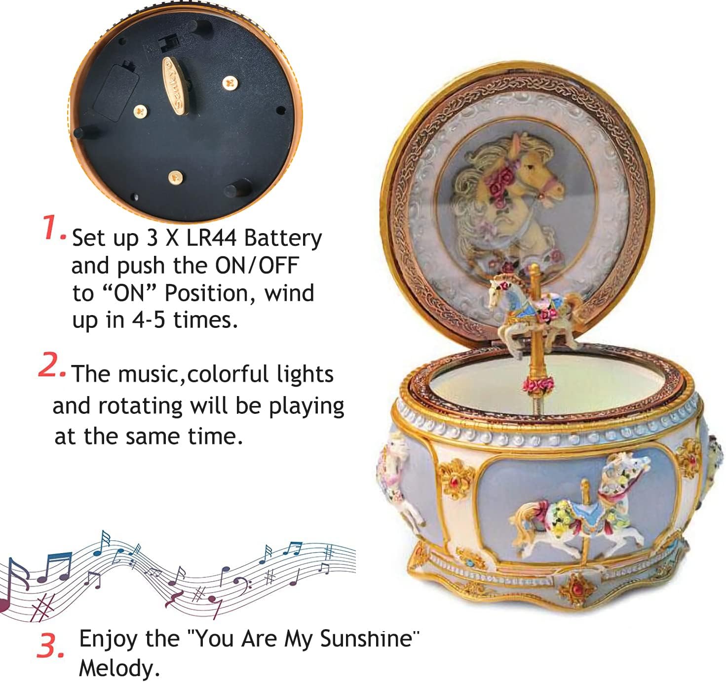 You are My Sunshine Music Box Carousel Horses Unicorn Musical Box with Sankyo 18-Note Wind Up for Kids Girls Christmas Birthday Gifts - Image 3