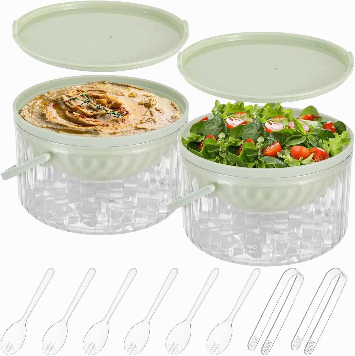 2 Pack 30oz Chilled Dip Bowl Ice Chilled Dip Bowl with Lid Dip Bowl on Ice for Parties with 2 Serving Tongs 6 Spoons Salad Cooling Containers for Hummus Fruit Potato Dressing