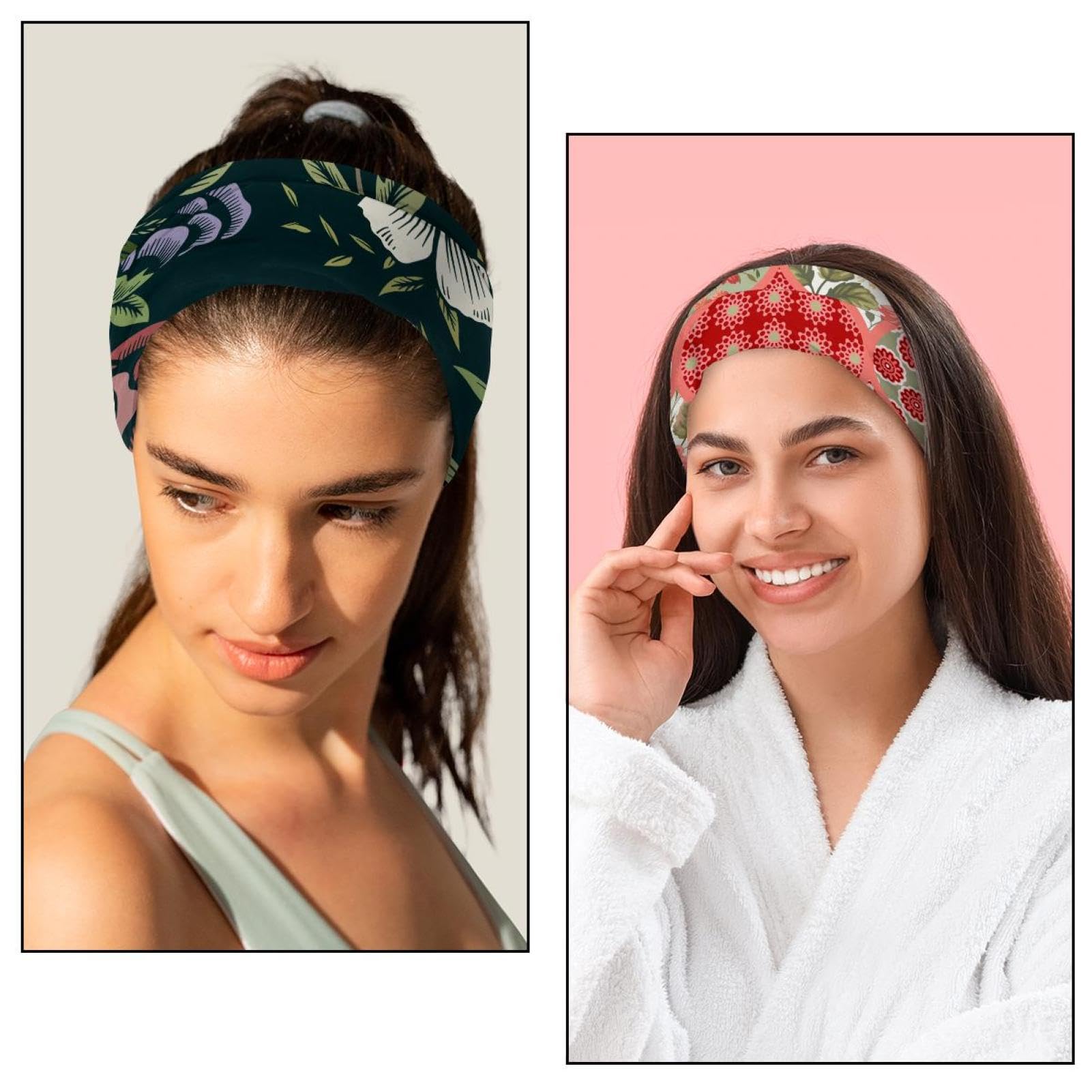 Lot de 6 bandeaux élastiques larges et antidérapants avec fleurs dessinées à la main pour femme - Pour le yoga, la sueur, le sport, l'entraînement