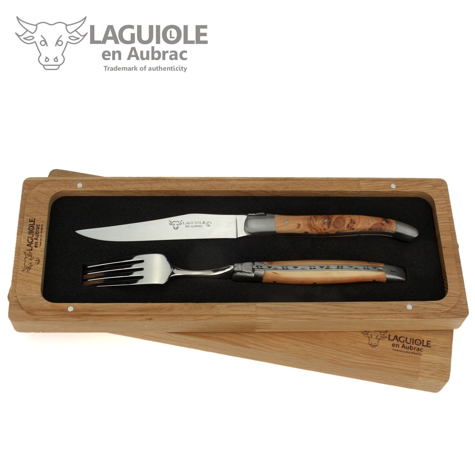 Laguiole en Aubrac - 1 Steakmesser und 1 Gabel im Besteck-Set - Griff Wacholder Holz - Original Frankreich mit Zertifikat
