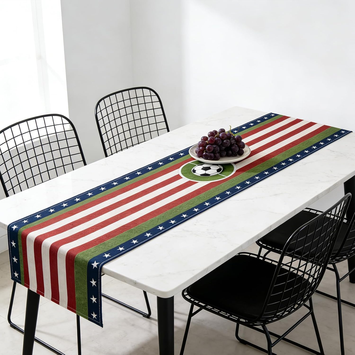 Soccer Table Runner, World Cup Soccer Party Decorations, Table Runner for Dining & Kitchen Tables, Home Decor with Soccer Stripe Star Pattern (70.87"×11.81")