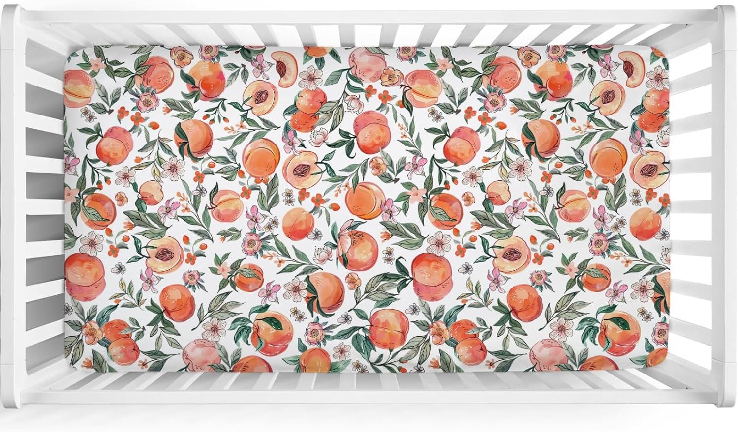 Peach Baby Crib Sheet 52''x28'' Vintage Peach Fruit Floral Leaves Stretchy Fitted Crib Mattress Covers for Boy Girl Summer Soft Baby Nursery Bed Sheets for Standard Crib and Toddler Mattresses