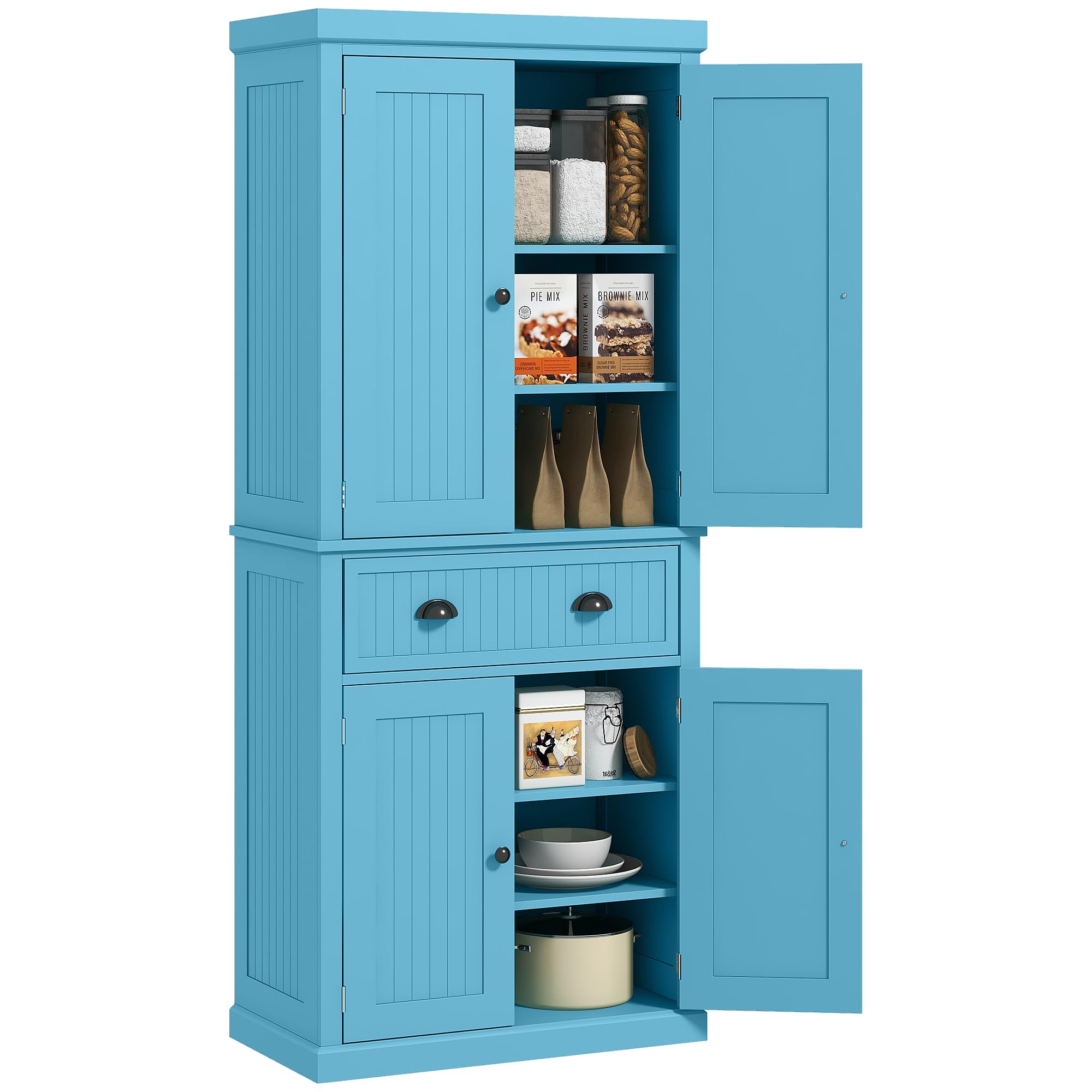 HOMCOM 72" Traditional Kitchen Pantry Cabinet, Freestanding Tall Storage Cabinet with 4 Doors, Drawer and 3 Adjustable Shelves for Dining Room, Dark Blue
