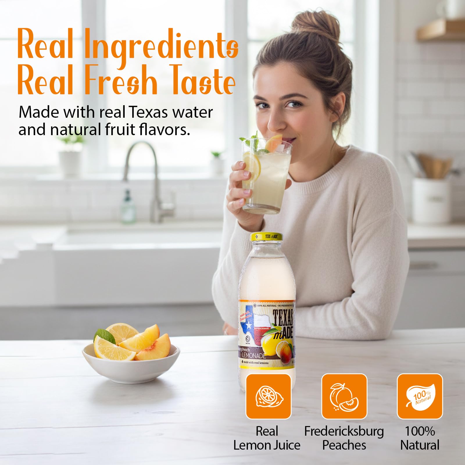 Texas mADE Fredericksburg Peach Lemonade, Lemonade Made with Pure Cane Sugar and Peach Flavor, No Preservatives, Texas Crafted Lemonade, 16 fl oz, Pack of 12