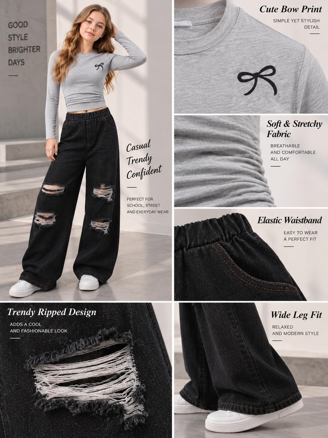 Teen Girls Clothes 2 Piece Fall Winter Outfits Bow Print Long Sleeve Top & Ripped Wide Leg Denim Jeans Set