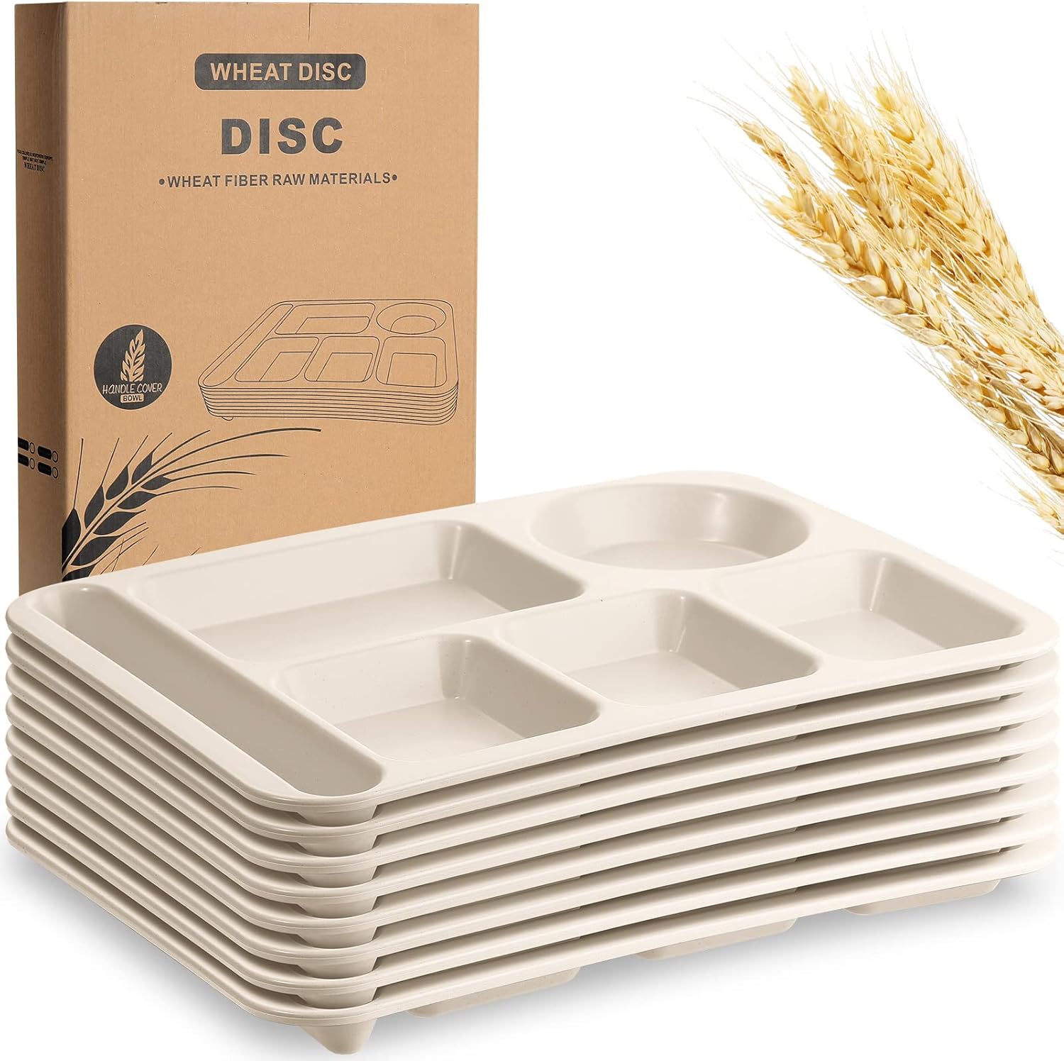 Pinkunn 8 Pcs Large 14 Inch Unbreakable Divided Plates for Kids Adults Wheat Straw Tray Dishwasher Microwave Safe Reusable Compartment Plates(Beige)