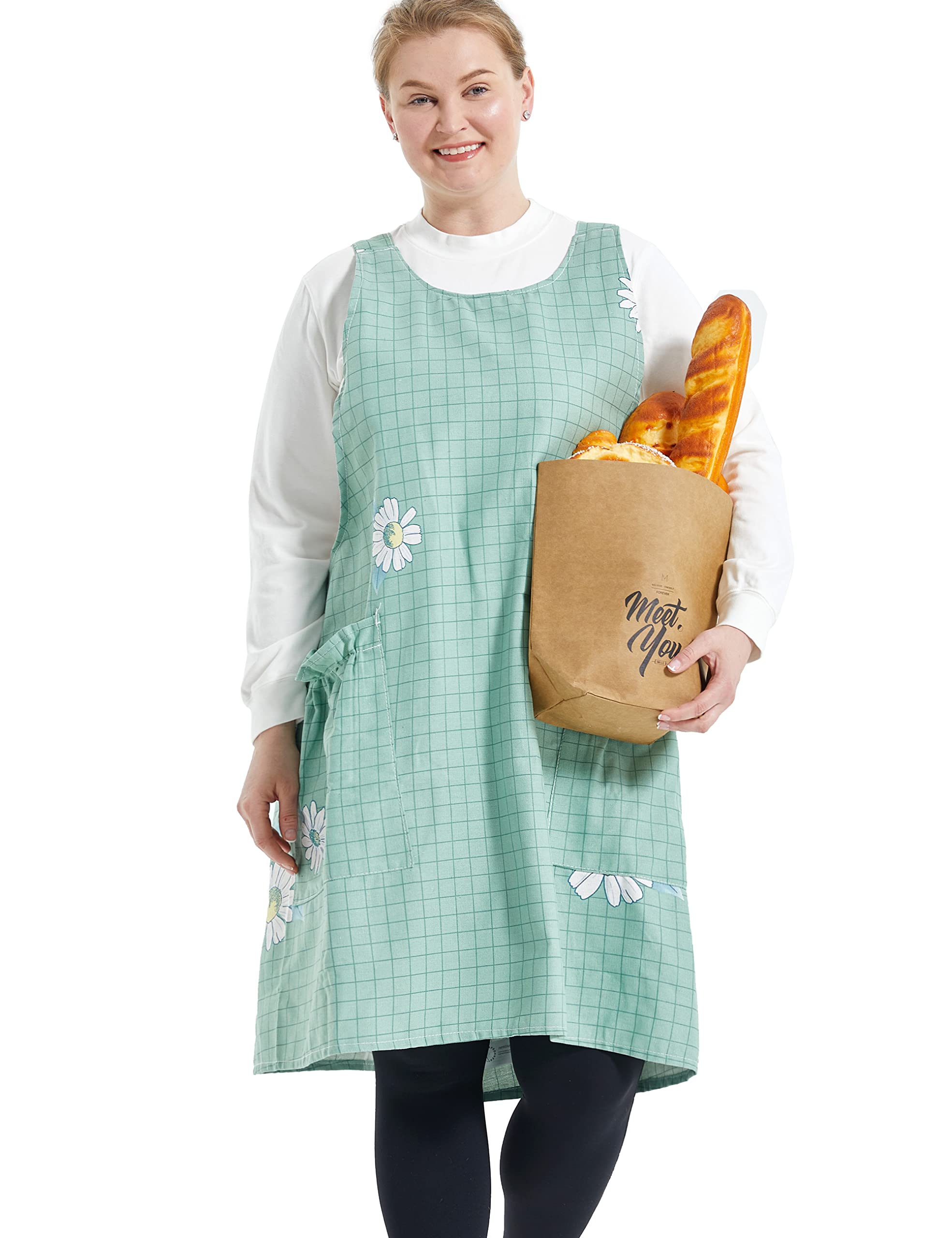 Big Plus Size Aprons for Women with Pockets Cotton Linen Baking Kitchen Cooking, Daisy, Large — image 1