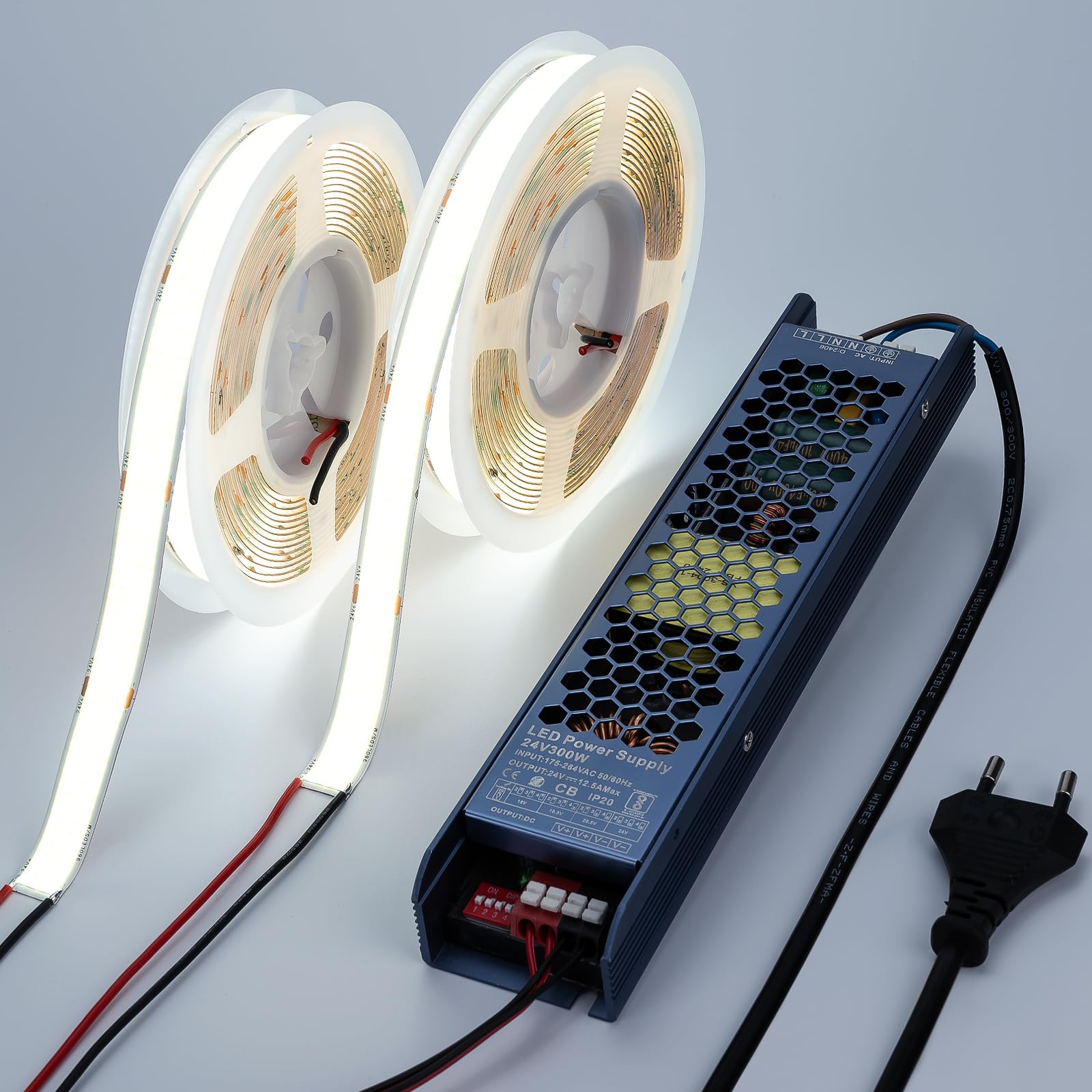 BENLUN 24V 15mm Breite Superhell COB LED Streifen 10m 250W 27500lm | 6000K Kaltweiss LED Strip CRI 92 25W/m 960LEDs/m Selbstklebend mit Netzteil für Zimmer Dekoration Beleuchtung