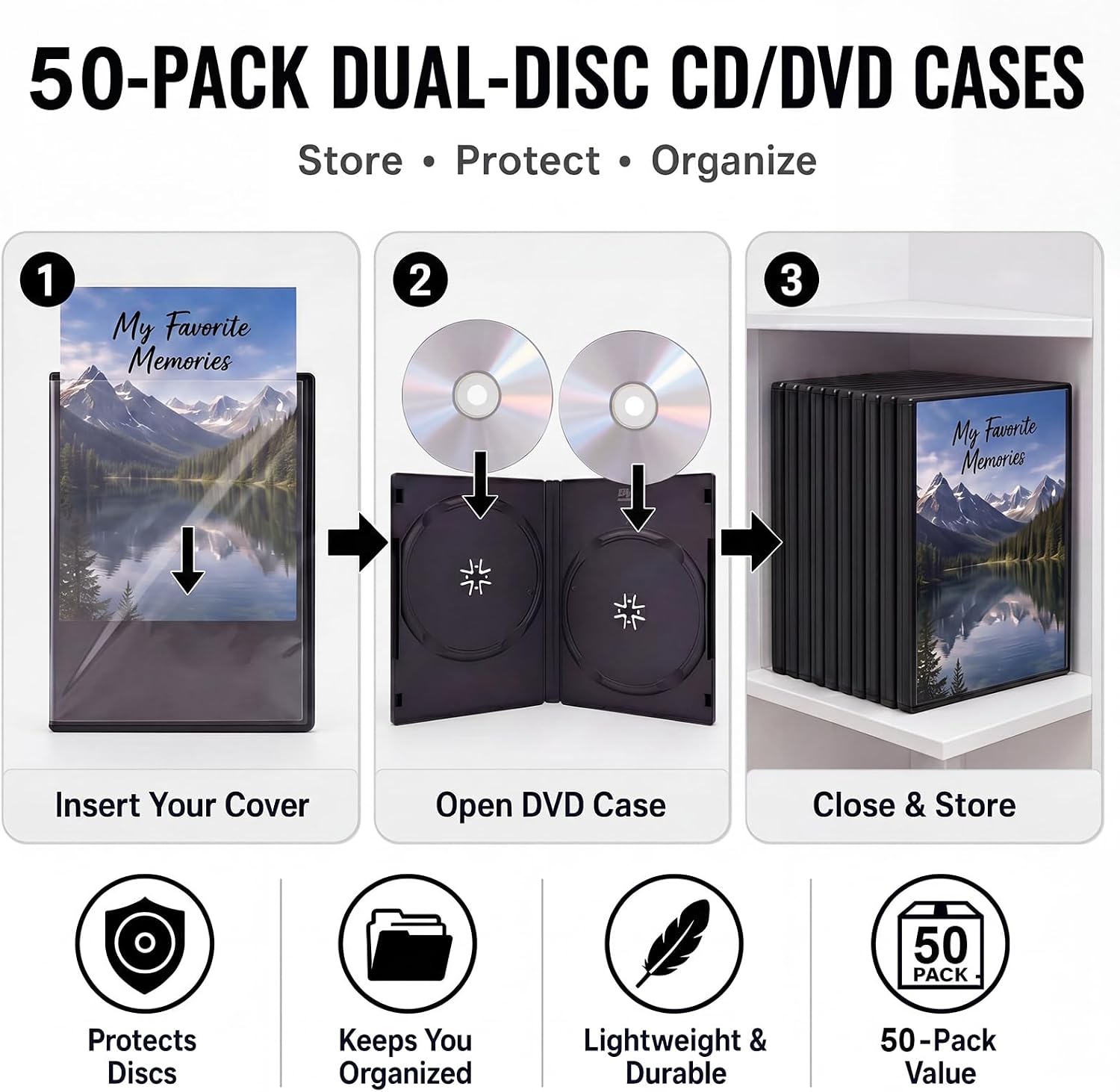 Sabary 50 Pcs 14 mm Double CD Jewel Cases with Cover Slot Standard 2 Discs Capacity Plastic Blank DVD Case Replacement for CD/DVD Protection
