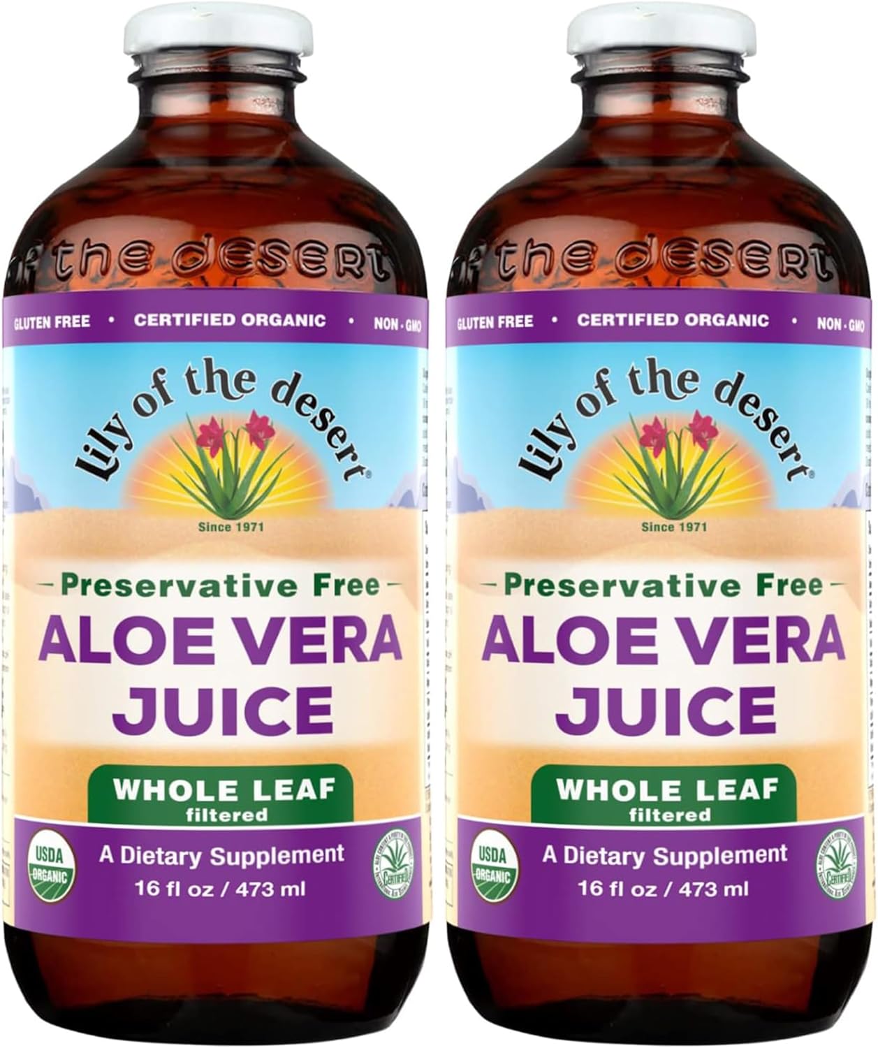 Lily of the Desert Aloe Vera Juice, Whole Leaf Filtered 2-Pack, Organic & Preservative Free – Natural Vitamins, Digestive Enzymes for Gut Health, Glowing Skin & Wellness, 16 Fl Oz Ea