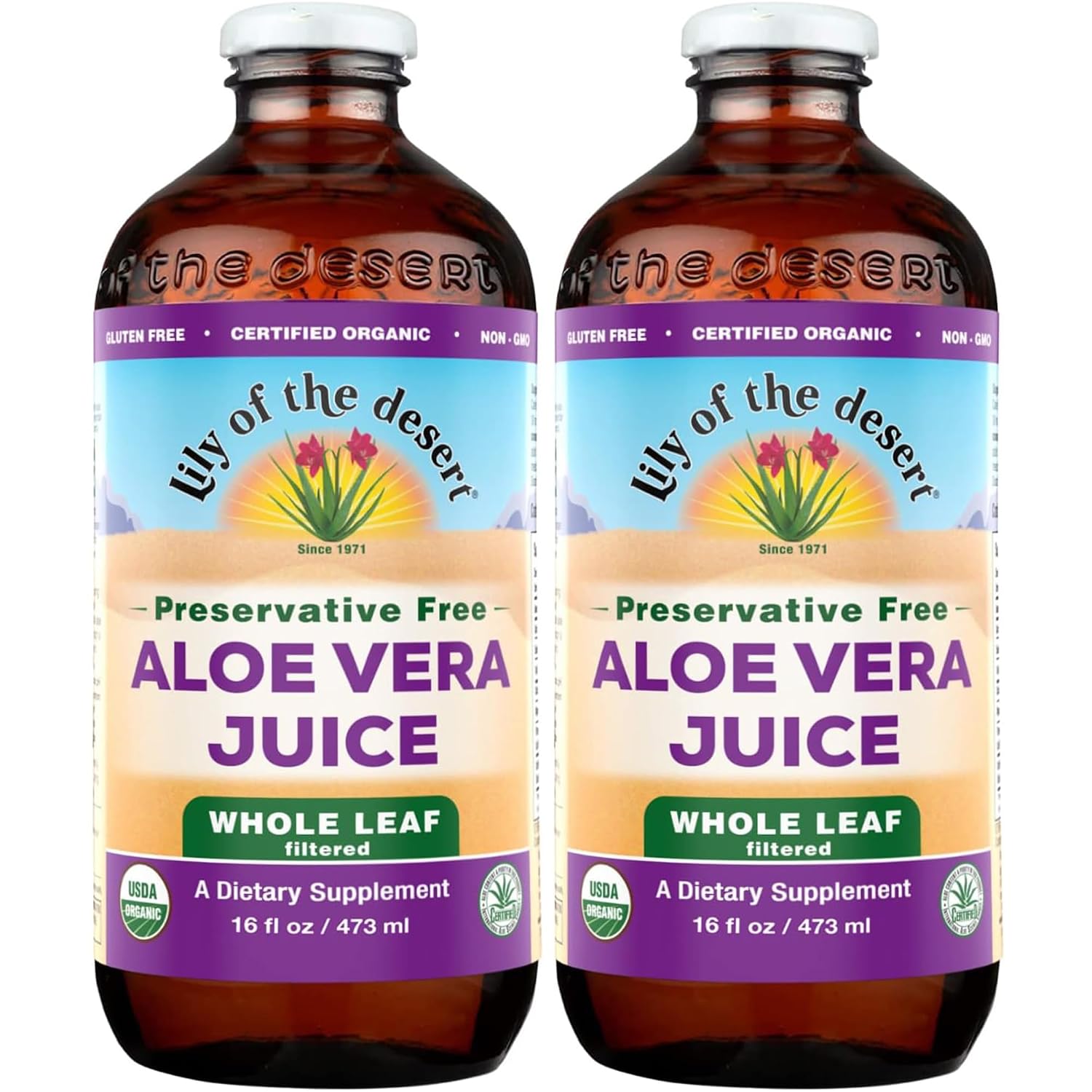 Lily of the Desert Aloe Vera Juice, Whole Leaf Filtered 2-Pack, Organic & Preservative Free – Natural Vitamins, Digestive Enzymes for Gut Health, Glowing Skin & Wellness, 16 Fl...