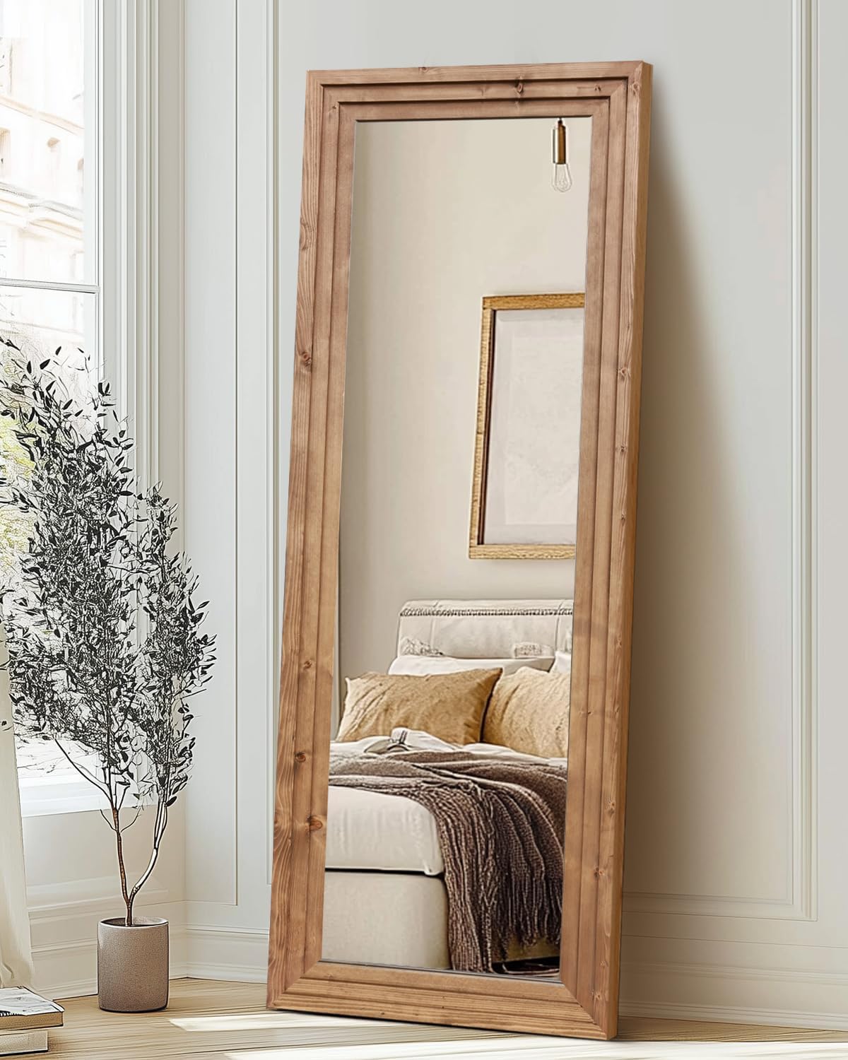 Full Length Mirror 65"x22" with Stand Solid Wood Frame Floor Large Mirror for Living Room, Bedroom Hanging Standing or Leaning Wall-Mounted, Light Brown