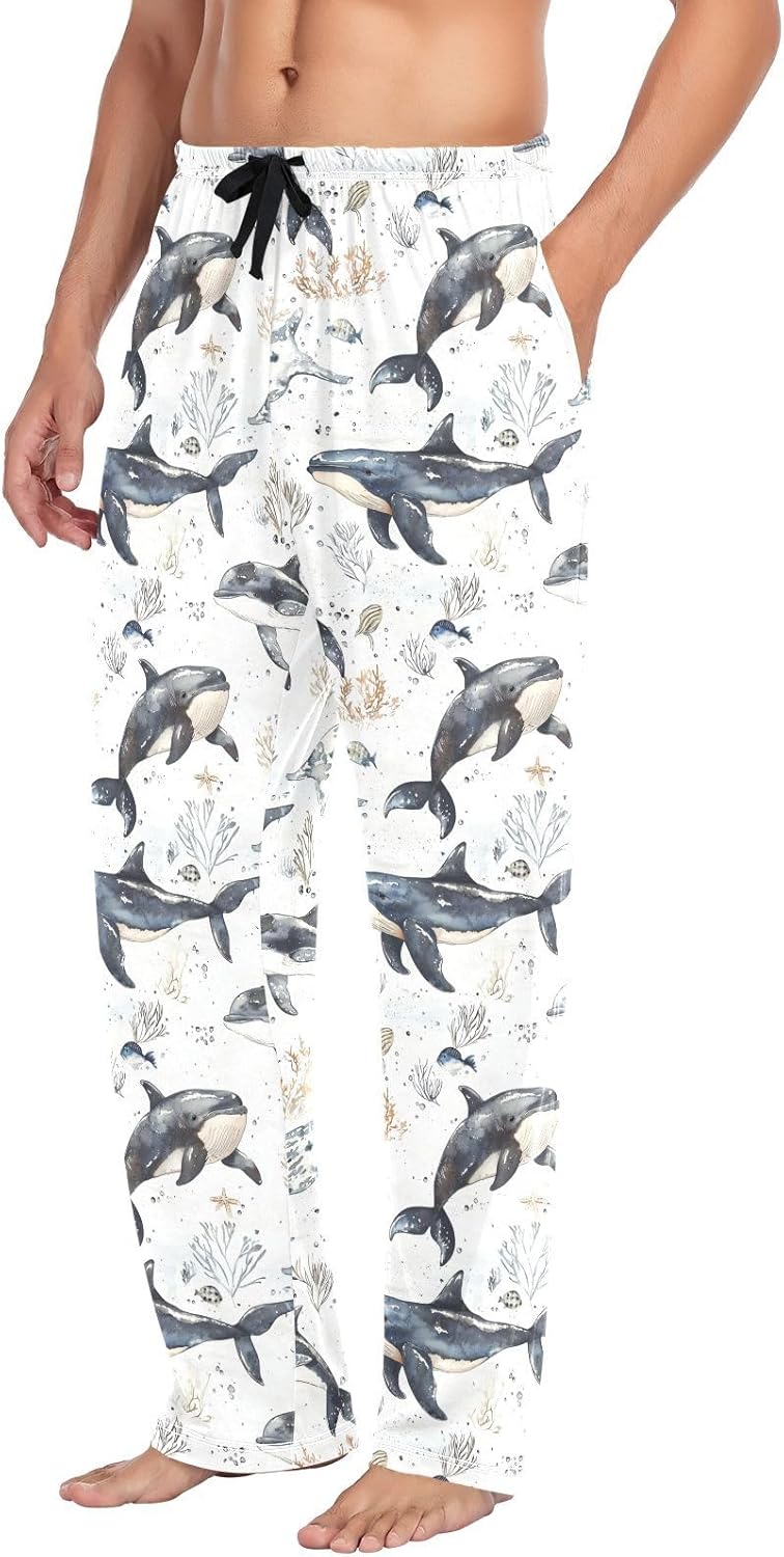 ZZKKO Mens Lounge Pajama Pants for Men Ocean Whales Corals Starfish Men's PJ Bottoms Lounge Sleepwear With Pockets Drawstring Long Pants 100% Cotton XL