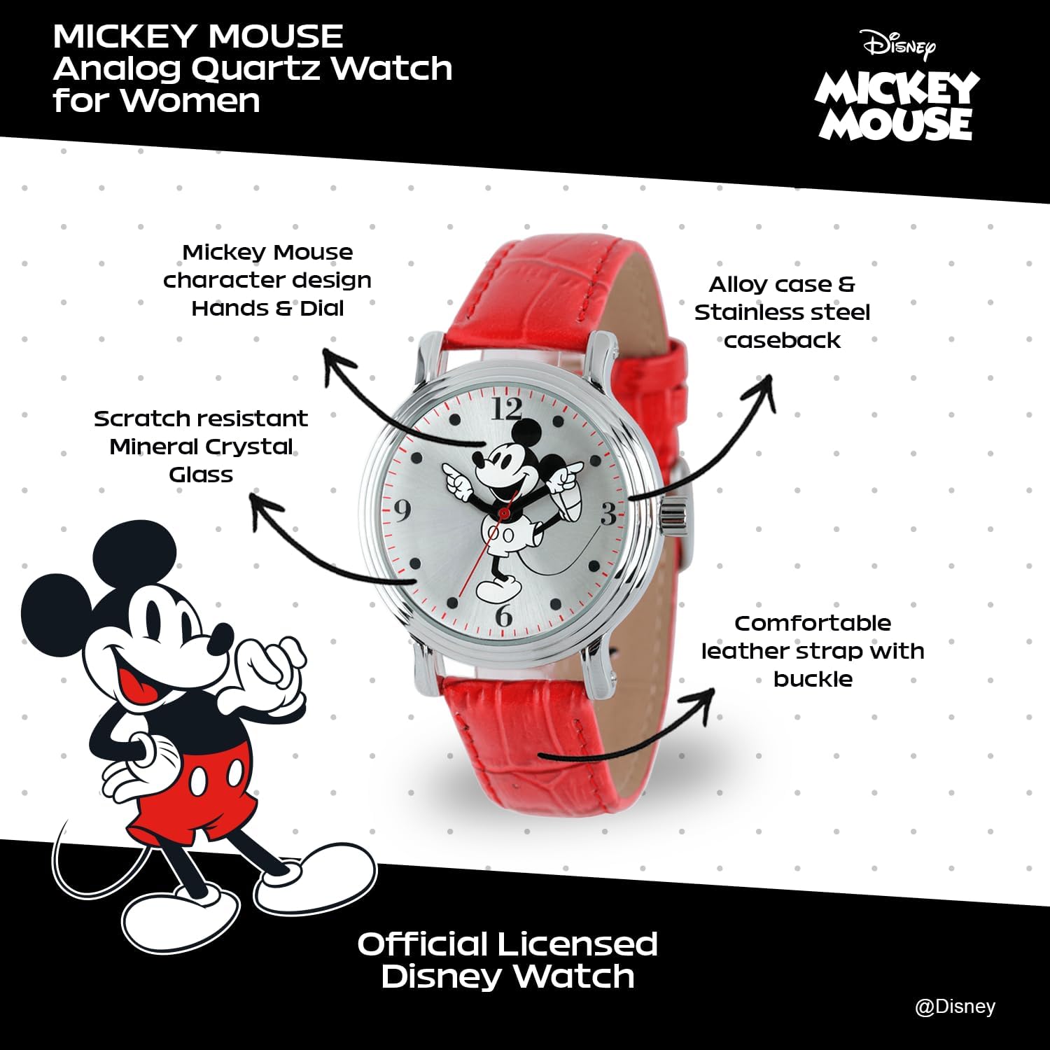 Disney Officially Licensed Mickey Mouse Watch, Stylish Mickey Mouse Watch for Women Fans - Women's Silver Dial Watches with Metal Case & Red Leather Strap