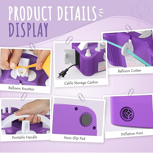 Miniatura 7 de Bomba de globos con triple puerto de inflado para globos de látex de aluminio de 260q con herramienta de atado, bomba de aire eléctrica 4 en 1 para