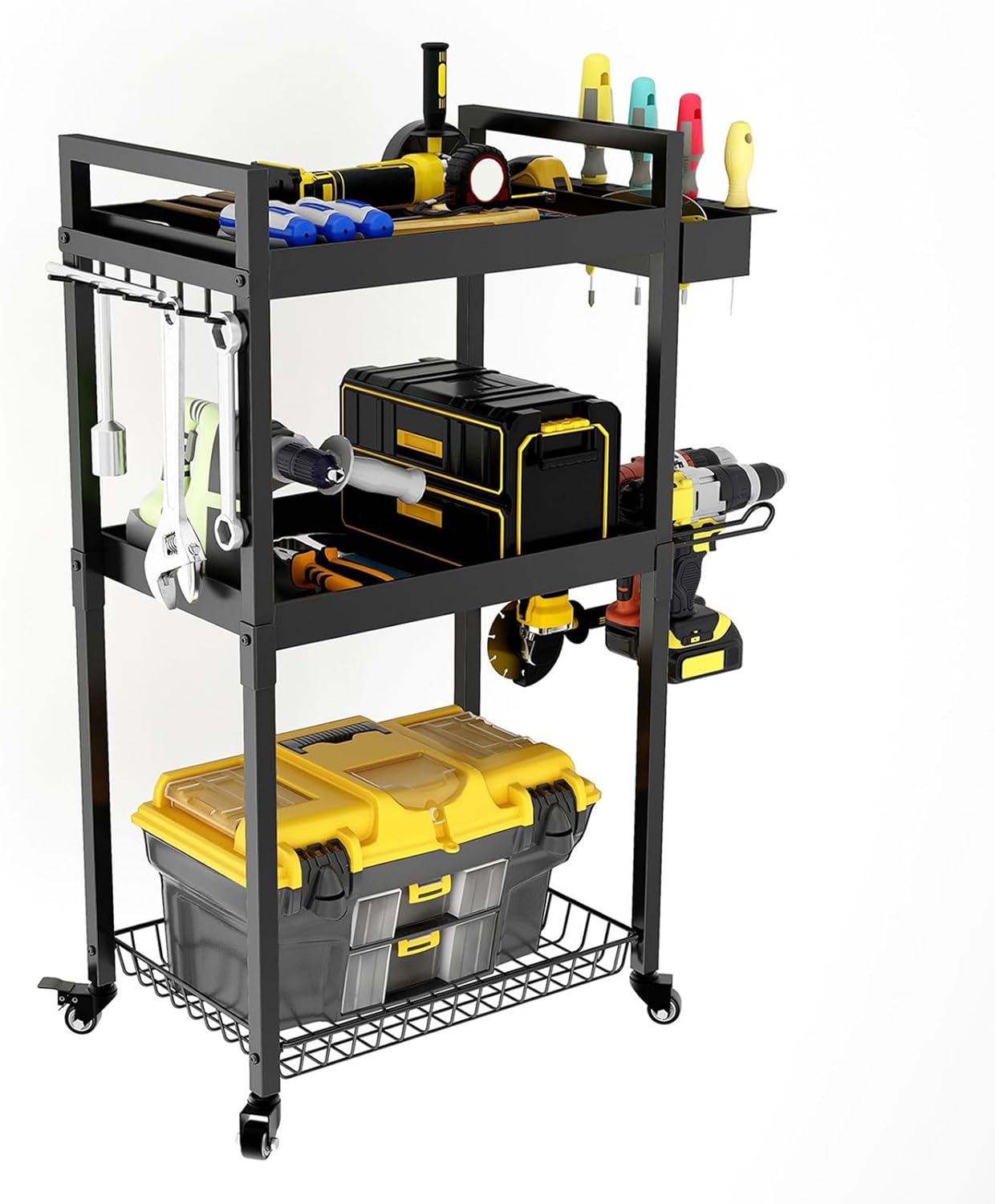 Power Tool Organizer Utility Vehicle Tool Organizer Cart Multi-Directional Wheels Tool Cart Storage Cart with Wheels Garage Floor Standing Rolling Tool Organizer Cart Black