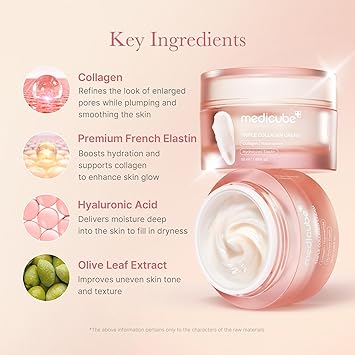 Medicube Triple Collagen Cream - Hydrating & Firming Moisturizer with Hyaluronic Acid, Premium Elastin, Shea Butter - Wrinkle Care & Boosts Elasticity - Korean Skincare, 1.69 oz