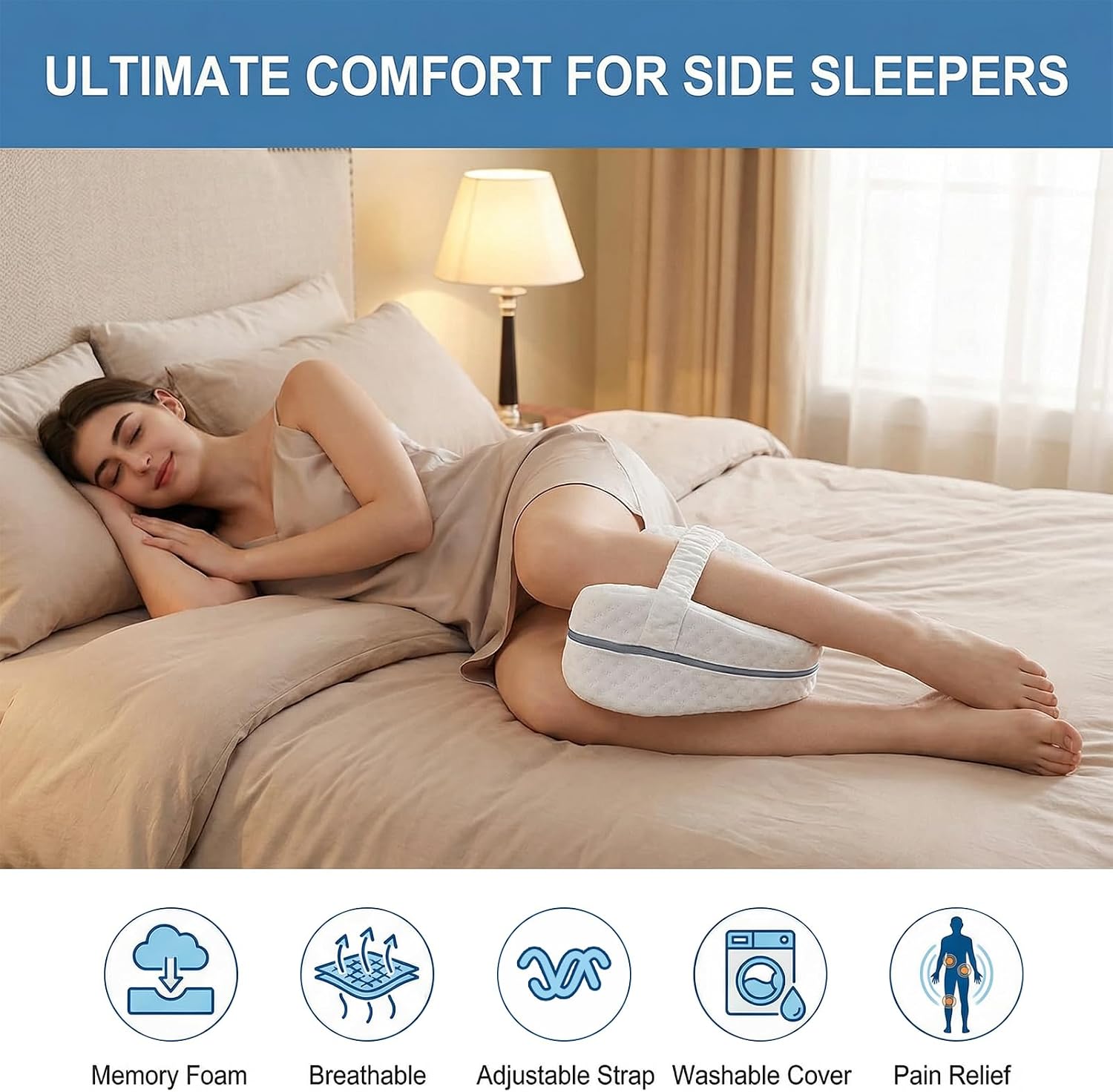 Memory Foam Leg & Knee Pillow for Side Sleepers - Adjustable Strap Ergonomic Alignment Cushion, Reduces Leg/Back/Knee Discomfort & Sciatica Symptoms, Comfort Support Pillow for Sleeping (White)