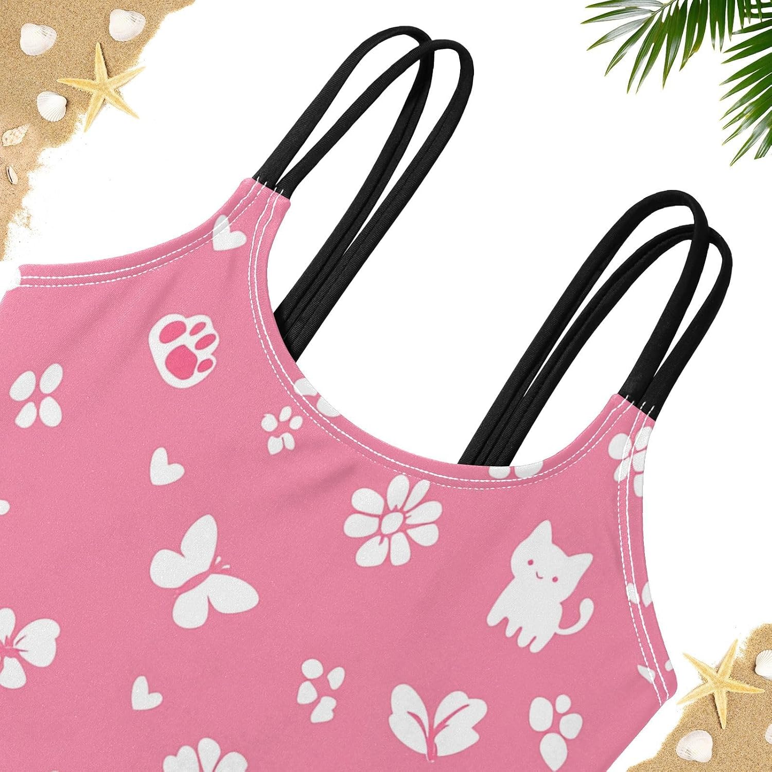 visesunny Girls Two Piece Swimsuits Pink Cat Butterfly Girl's Bikini Sets Bathing Suits for Girls Size 5-12Y