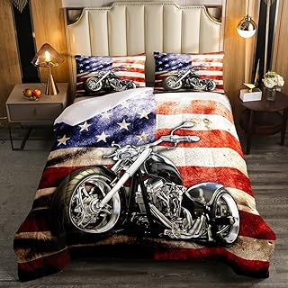 Erosebridal Motocross Comforter Set Twin American Flag Bedding Set Black Motorbike Motorcycle Dirt Bike Bed Set for Kids Boys Teens Men,Vintage USA Flag Stars Striped Quilted Duvet Set 1 Pillow Case