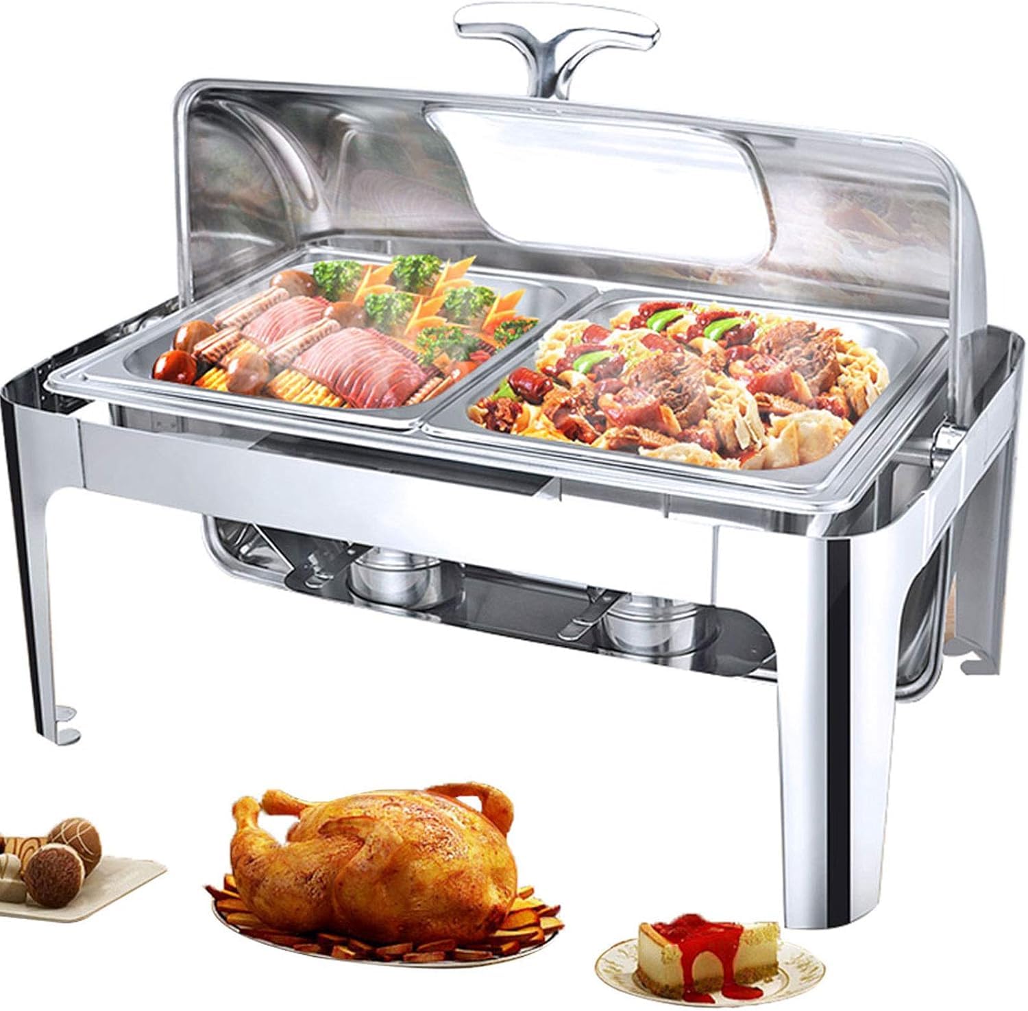 Juego de platos de acero inoxidable con tapa de cristal, capacidad de 13 litros para catering, fiestas, eventos, bodas, servicio de restaurante