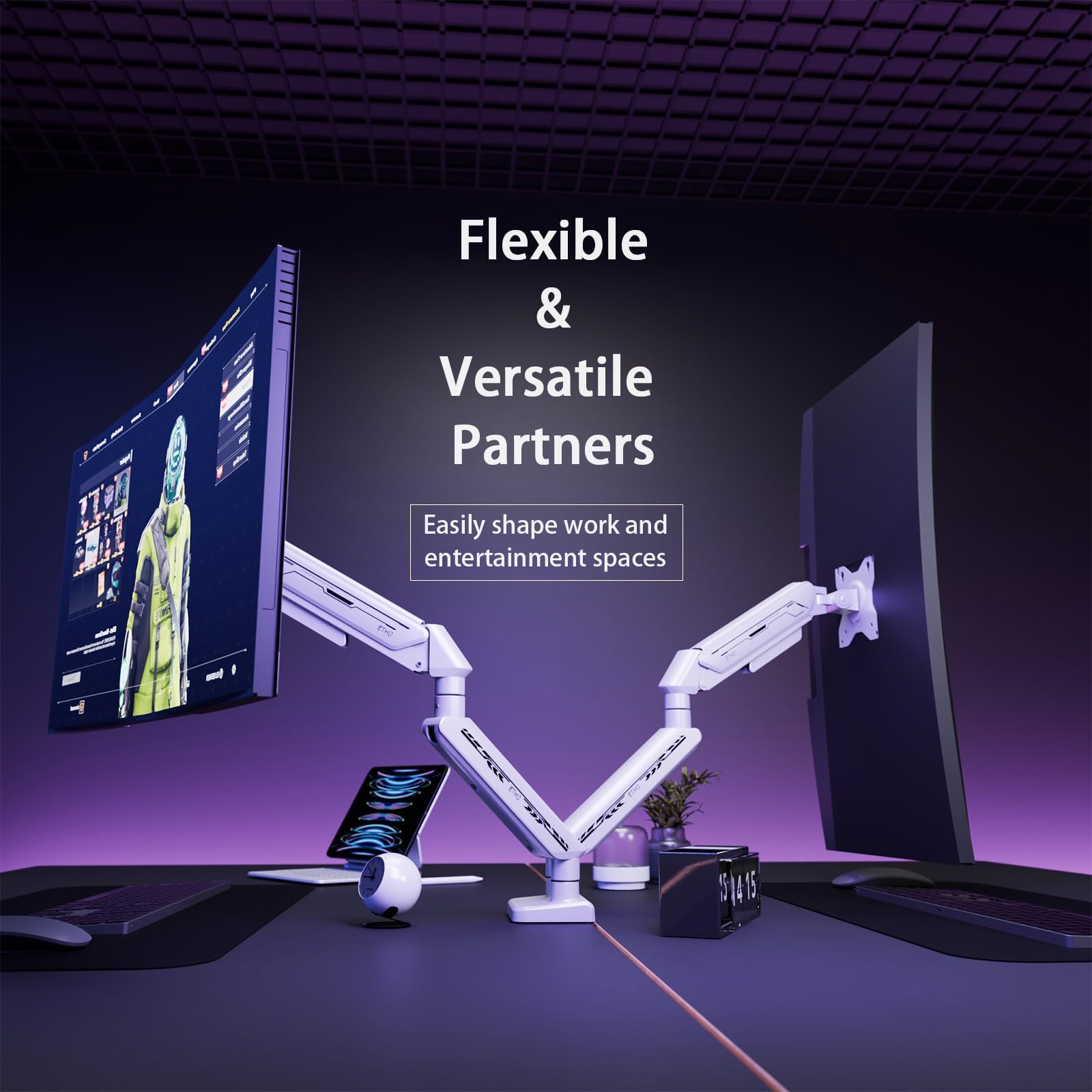 ETHU Dual Monitor Halterung Schreibtischhalterung für 13-32 Zoll Monitore (2-9 kg), Höhenverstellbar mit Neigbar, Schwenkbar, Drehbar, Gasfeder- Bildschirmhalterung 2 Monitor VESA 75 & 100 (Weiße)
