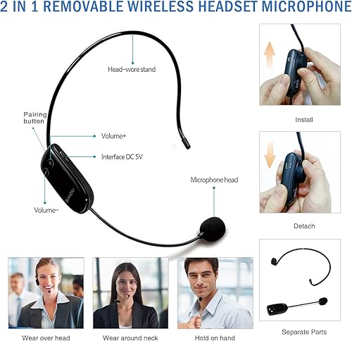 Vista 3 de Amplificador de voz con micrófono de auriculares inalámbricos, 18 W, 4400 mAh, sistema mini Pa recargable, Bluetooth 4.2, altavoz portátil IPX5