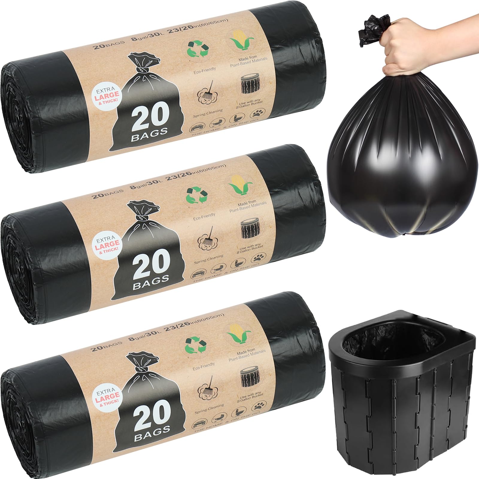 60 Pezzi Sacchetti per WC Campeggio, 30L Sacchetti Igienici Biodegradabili, Sacchetto della Spazzatura Biodegradabile per Toilette Portatili, Campeggio e Viaggi