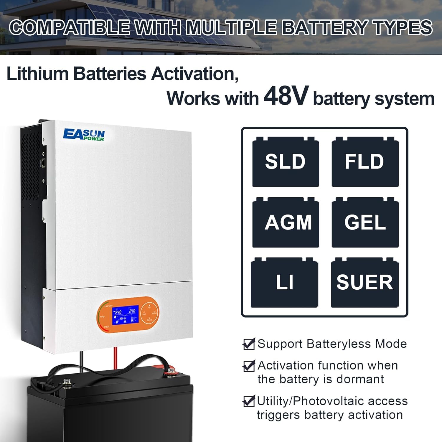 POWLAND 6000W 48V Inverter ibrido da inverter sinusoidale puro off-grid (WiFi incorporato), funziona senza batteria, Controllori solari MPPT da 120A integrati, ingresso/uscita AC 230V (SMR II 6KW)